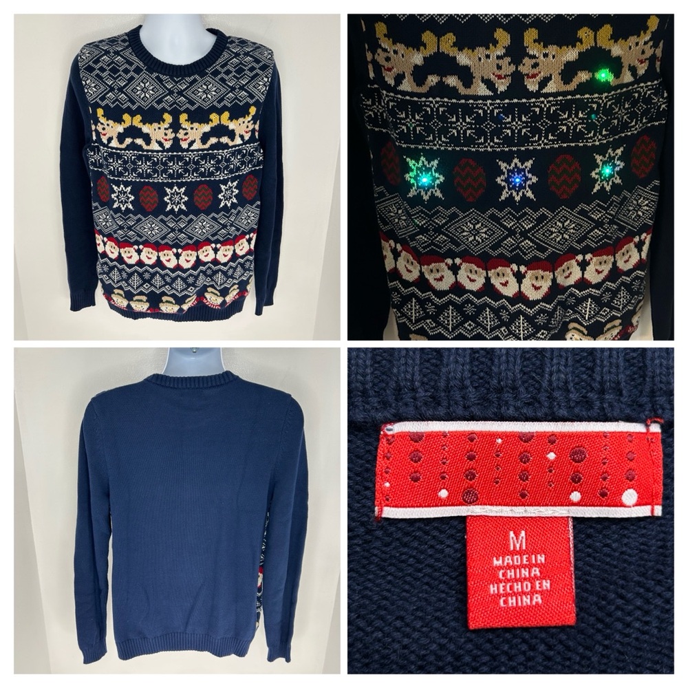 Ugly Christmas Light Up Sweater Size Medium Reindeer Santa Fair Isle Snowman